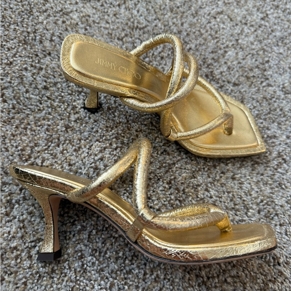 Jimmy Choo Gold Crackled Cape 70 Heeled Strappy Sandals 34 4 Like New - Picture 7 of 10